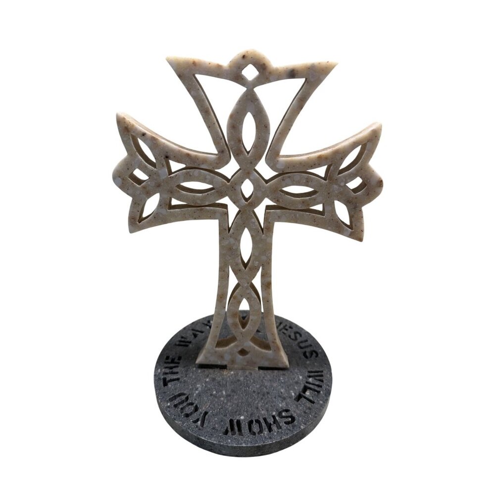 Handcrafted Corian Celtic Cross On Base Inspirational Quote Religious Table top